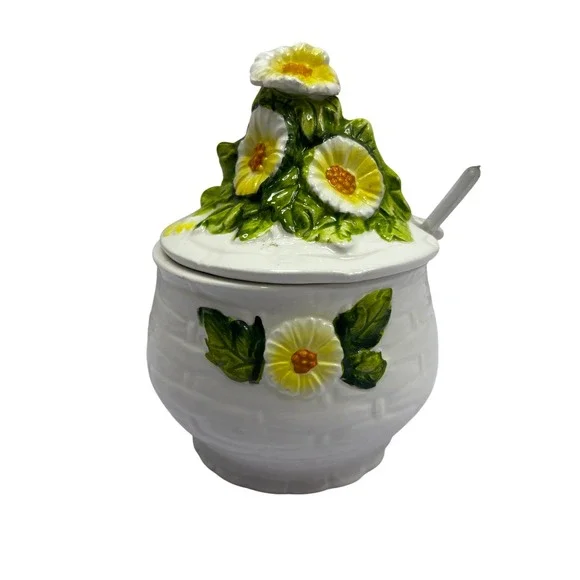 Vintage Lefton Daisy Jam Honey Pot 3858 Basketweave Ceramic Jar with Spoon Japan