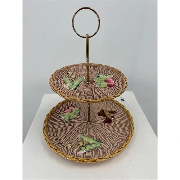 Vintage Ceramic 2-Tier Serving Tray Stand‎ Basketweave Vegetable Motif Country