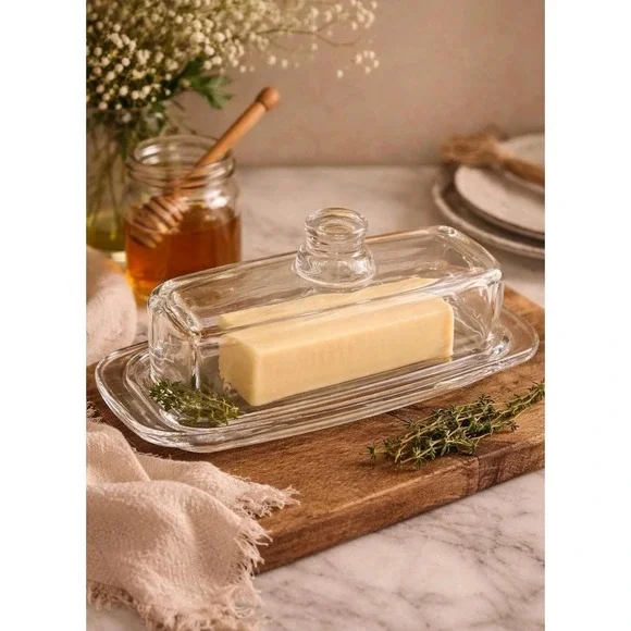 Vintage Clear Glass Butter Dish w Lid Rectangular‎ Covered Butter Keeper