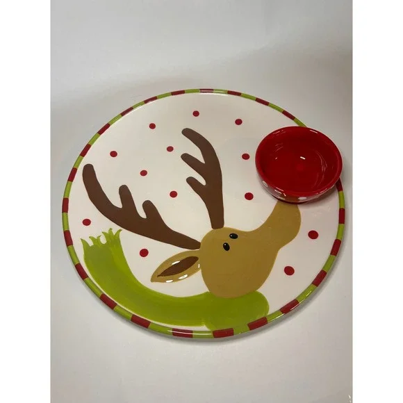 Better Homes & Gardens Christmas Reindeer Chip Dip Serving Set Platter Bowl