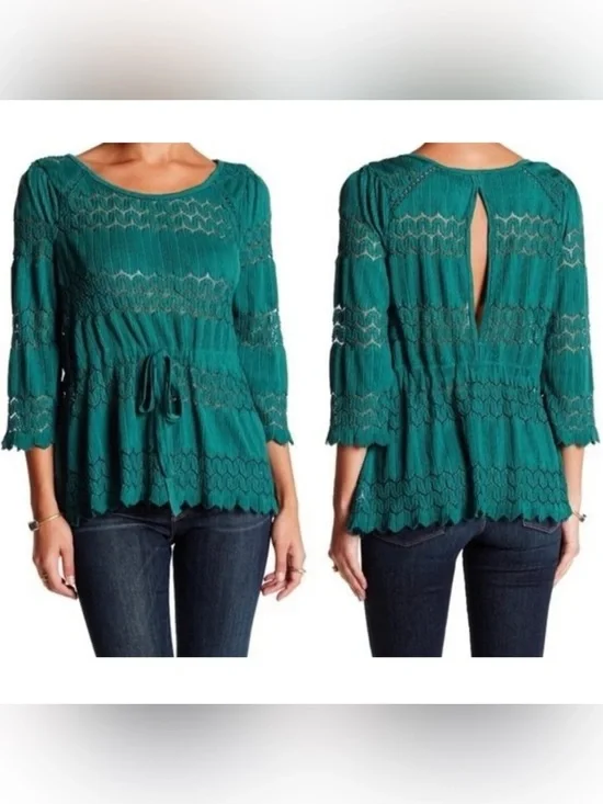 Free People Fire Island Teal Lace-Paneled Peasant Blouse