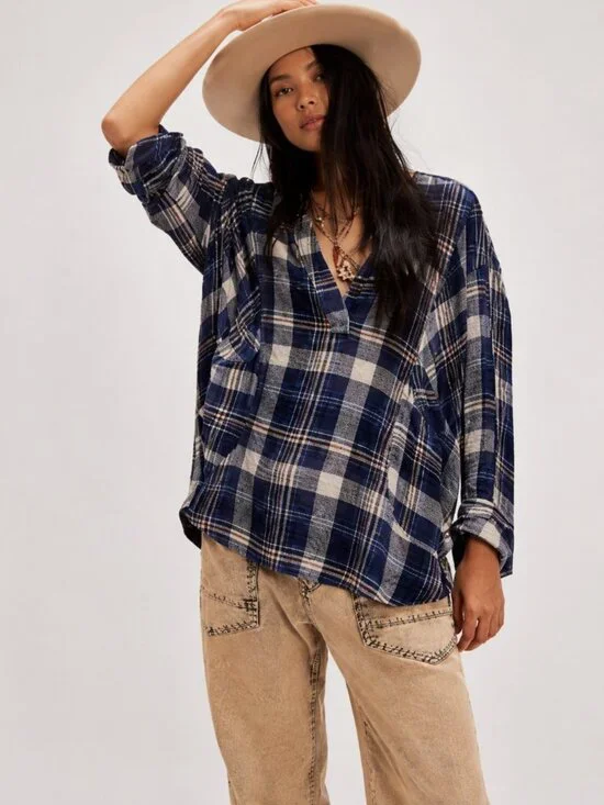 Free People We The Free By The Shore Plaid Shirt XS Blue Oversized V-Neck Pullov