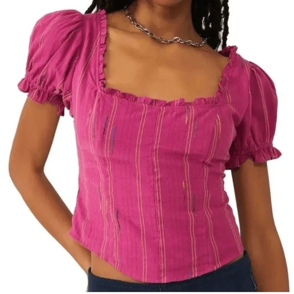 Free People Women’s Pink Seratonin Corset Puff Sleeve Top Size Medium
