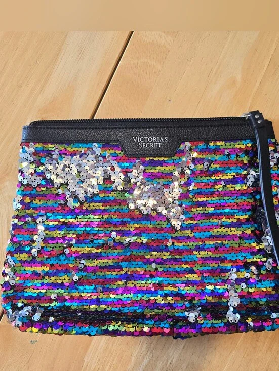 Victoria's Secret Rainbow Sequin Star Clutch Makeup Bag Cosmetic‎ Pouch NEW
