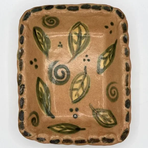 Vintage Signed Studio Pottery Tray Hand Painted Leaf Swirl Motif Terracotta Dish