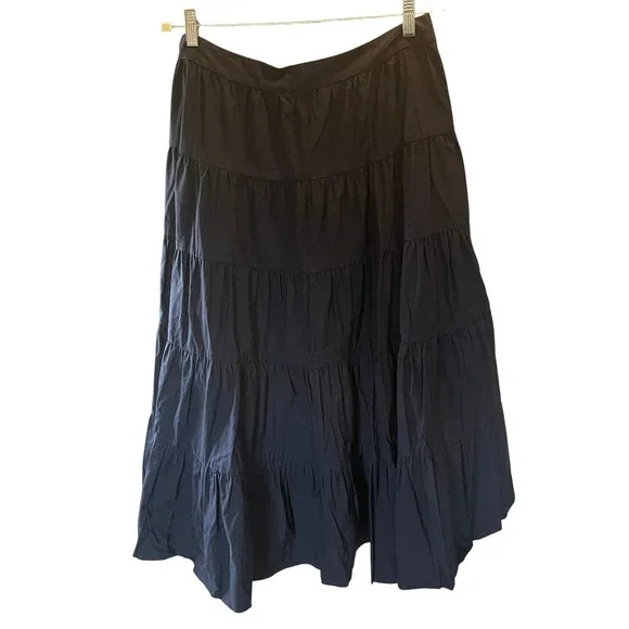 Womens Boho‎ Cottagecore Tiered Maxi Skirt Navy Size 14 Minimalist Preppy Cotton