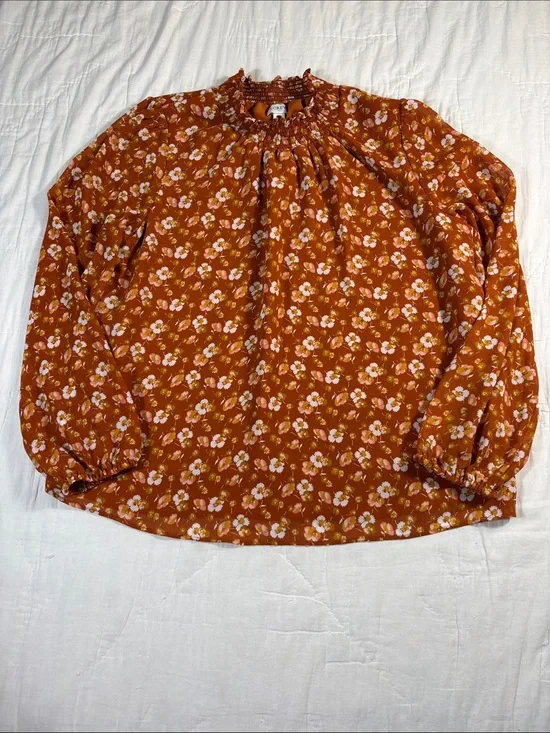 J.Crew Burnt Orange Floral Smocked Neck Lined Loose‎ Fit Long Sleeve Blouse