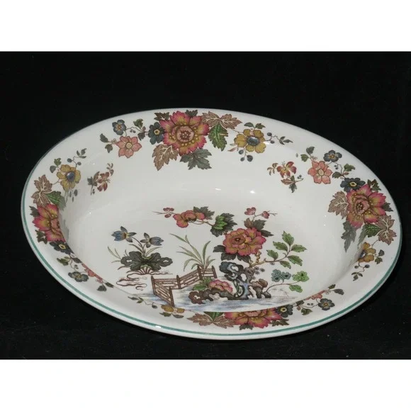 Wedgwood Eastern Flowers Oval Vegetable Serving Bowl Green‎ trim