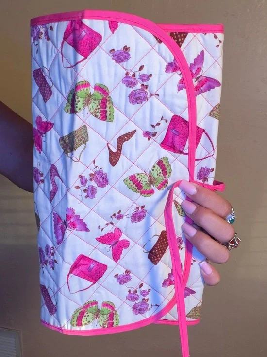 Girly Quilted Travel Cosmetic Bag - Hot Pink Trim
