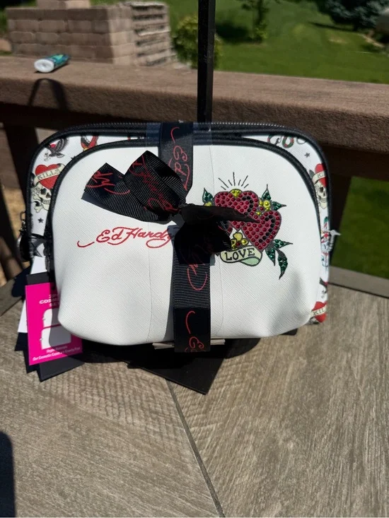 Ed Hardy White Cosmetic Bag with Red Heart Tattoo Accent