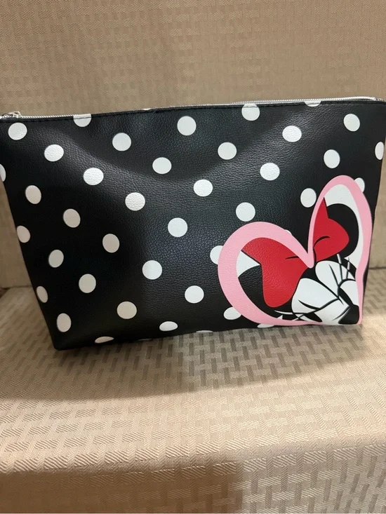 Minnie Mouse Black Polka Dot Cosmetic Pouch with Pink Heart Accent