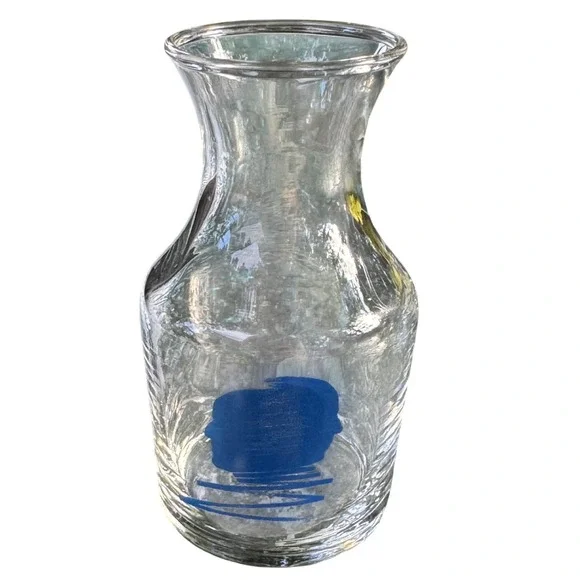 Vintage Clear Glass Carafe Bud Vase Blue Face Profiles Graphic Small Decanter