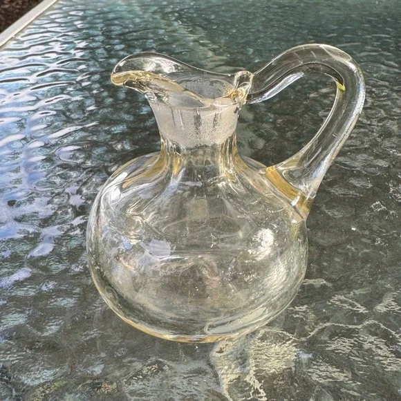 Vintage Hand Blown Clear Glass Oil Cruet Pitcher with Applied Handle 5.5