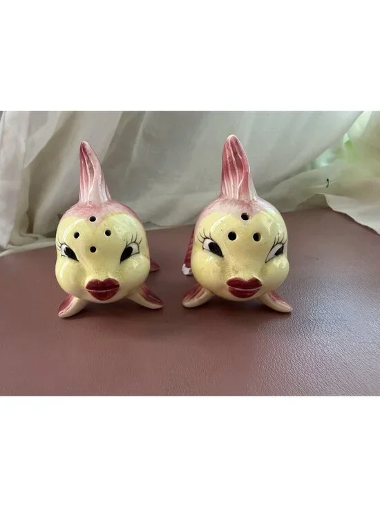 Vintage Japan Ceramic Anthropomorphic Gold Fish Salt Pepper Shakers Mid Century