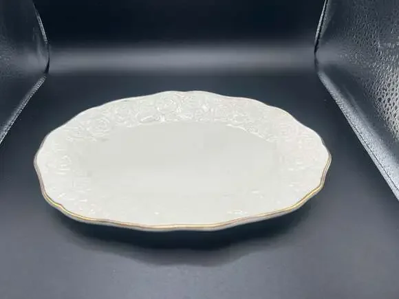 White Porcelain Oval Serving Platter with Embossed Rose Motif and Gold Trim