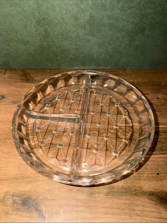 Round Clear Glass Divided Serving Tray with Textured button and bow design