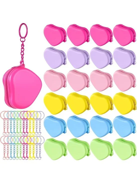 24 Heart Shaped Silicone Coin Pouches - Cute Mini Wallets with Keychain for