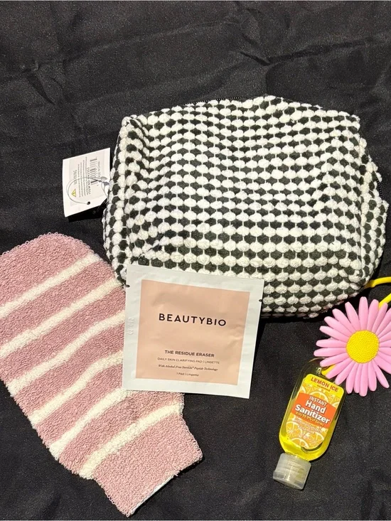New Cosmetic Bag & Beauty Bundle - BeautyBio, Sanitizer Bag Charm, Exfoliator