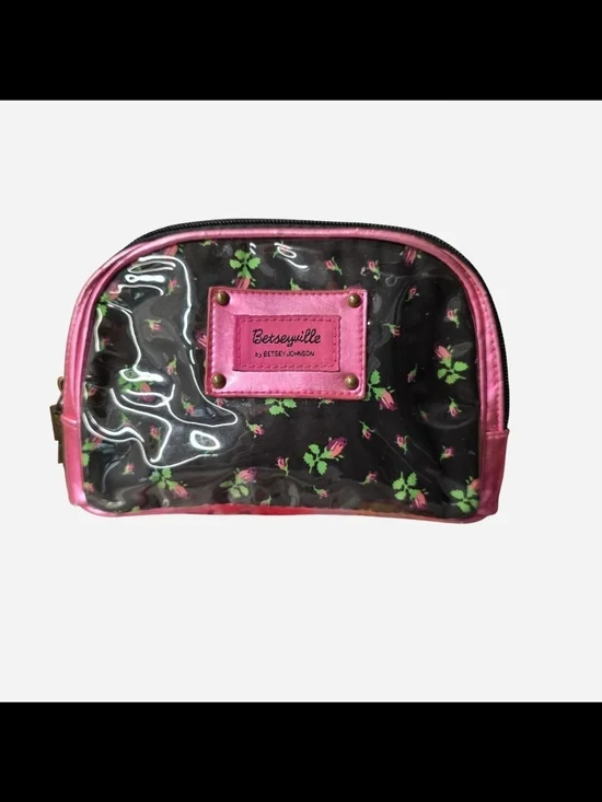 Betseyville by Betsey Johnson Black Floral Cosmetic Pouch with Hot Pink Trim