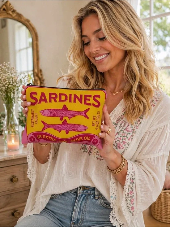 Sardines Print Cosmetic Bag 🐟✨ Trendy Makeup Pouch Quirky Chic Travel Organizer