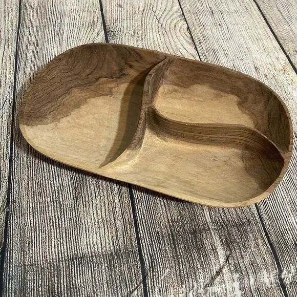 Carved Wooden Serving Tray 3 Section Rustic Primitive‎ Natural