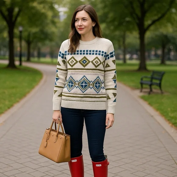 J.Crew Fair Isle Abstract Geometric Knit Sweater Gray Blue Olive‎ – Size Small