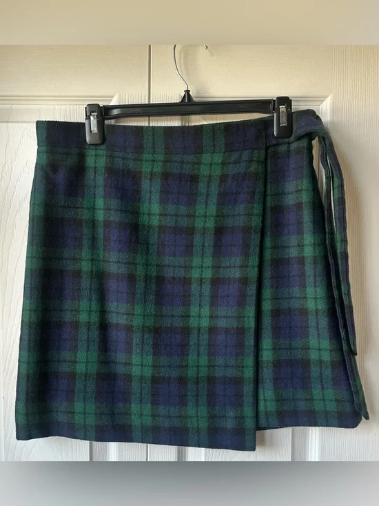 J Crew Plaid Tartan Wrap Mini Skirt Size 6 Green Blue Lined Preppy Academia