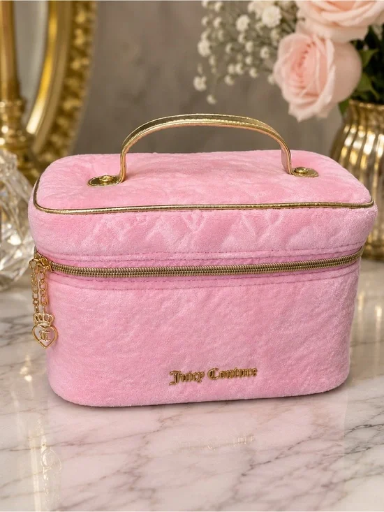 Juicy Couture Soft Pink Plush Cosmetic Case with travel Bottle and Gold Accents