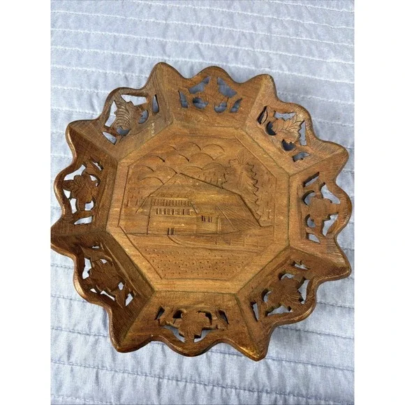 Vintage Carved Wood Octagonal Serving Tray 10.5