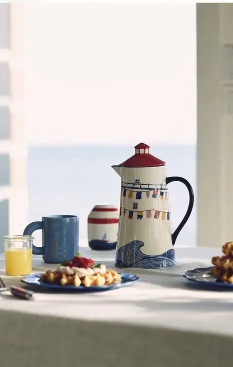 Set of 3 Anthropologie Maritime Lighthouse Jug Pitcher Butter Keep Salt Pepper