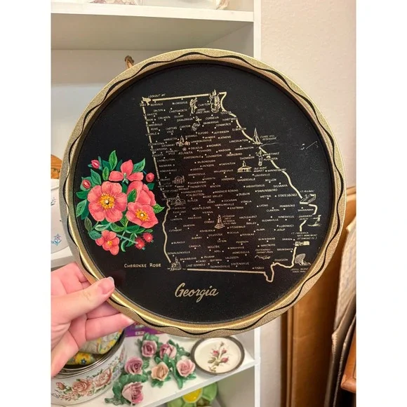 Vintage Georgia State Souvenir Metal Tray Cherokee Rose Map Black Gold 12 Inch