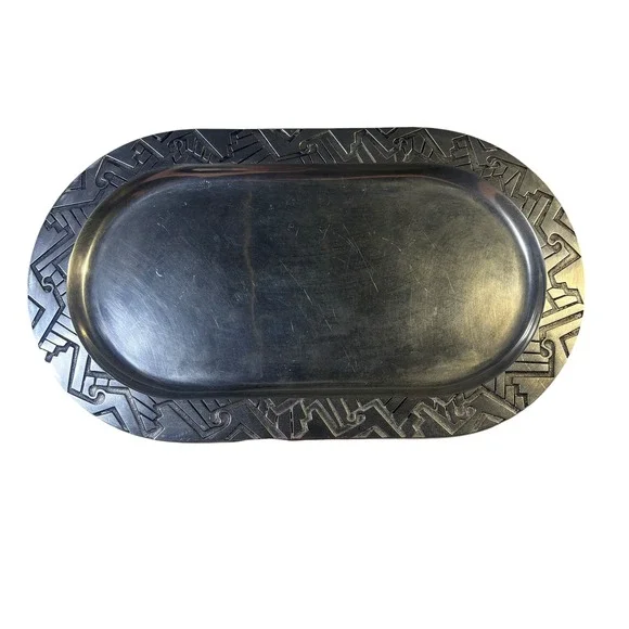 Wilton Mount Joy PA USA Pewter Oval Serving Tray Geometric Aztec Border 18.5in