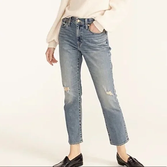 J crew slim boyfriend jeans tinted indigo distressed