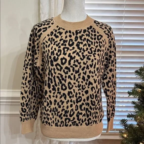 J.Crew Leopard Print Sweater Crewneck Merino Wool Blend Tan Black Women’s Small