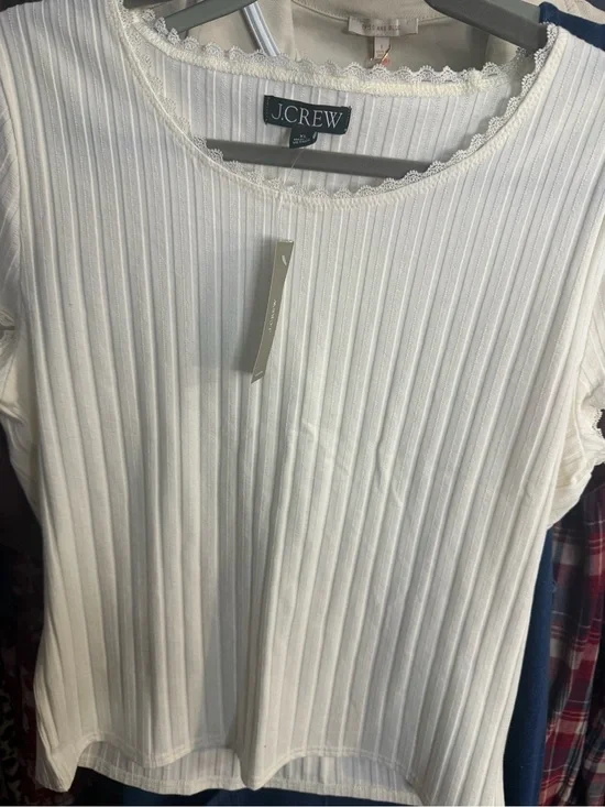 J. Crew White Ribbed Short Sleeve Top with Lace Trim