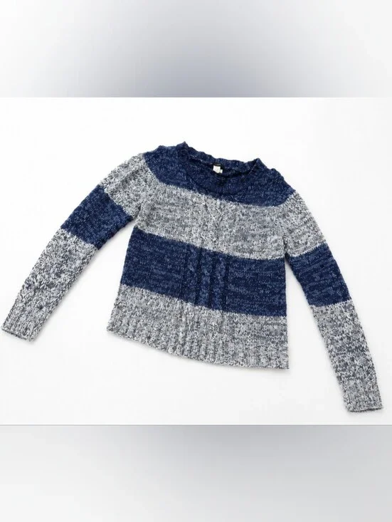 J.Crew XL Blue & White Striped Cable Knit Sweater | Cotton Linen Blend Pullover