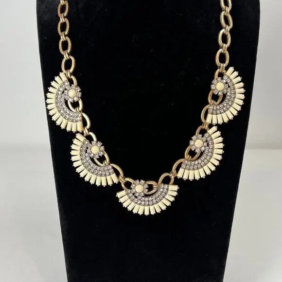 J. Crew‎ Fan Flower Statement Bib Necklace White Ivory Rhinestones Goldtone