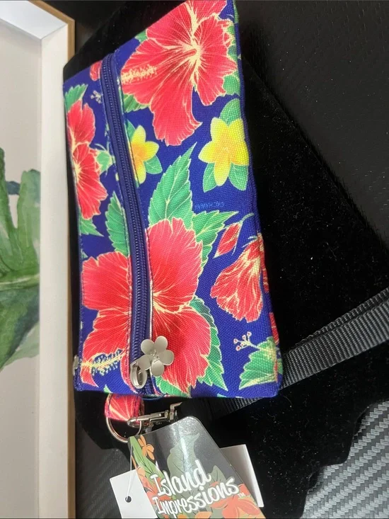 Impressions Blue Floral Cosmetic Wristlet with Red Hibiscus
