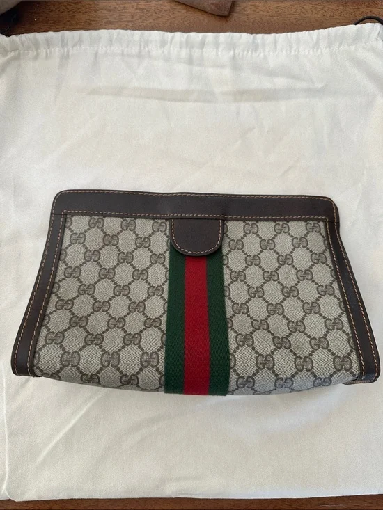 AUTH Gucci Brown Monogram Clutch Green Red Web Stripe Vintage with CoA