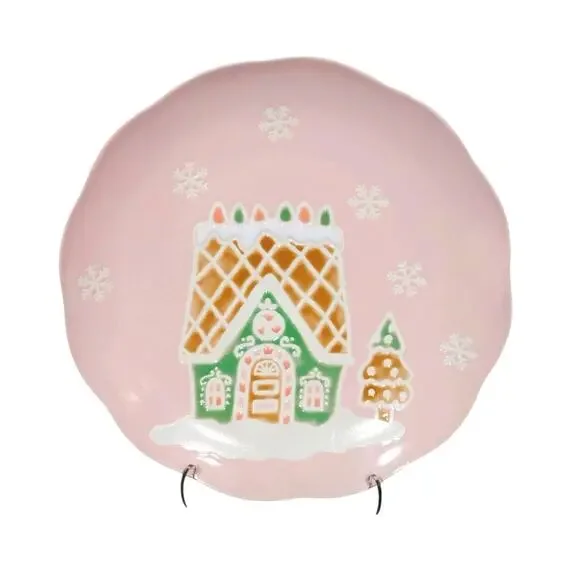 4pc Eli + Ana PINK GINGERBREAD HOUSE Dinner Plates 10.5in Ceramic Pinkmas NEW
