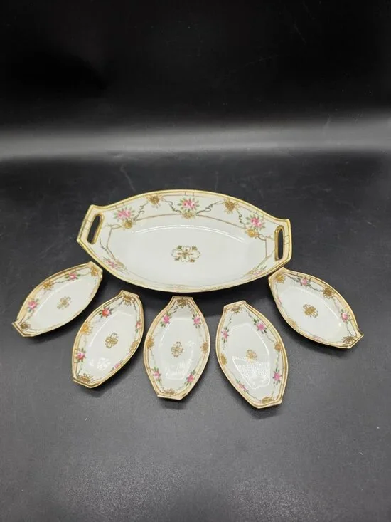 Antique Nippon Handpainted Celery Dish & 5 Matching Salts From Japan Victorian