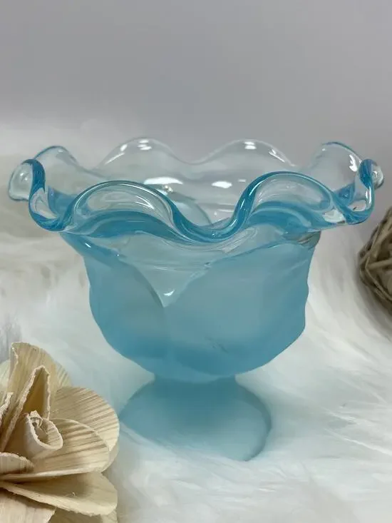 Vintage Viking Glass Cabbage Leaf Compote Bowl with Blue Frosted Finish 4