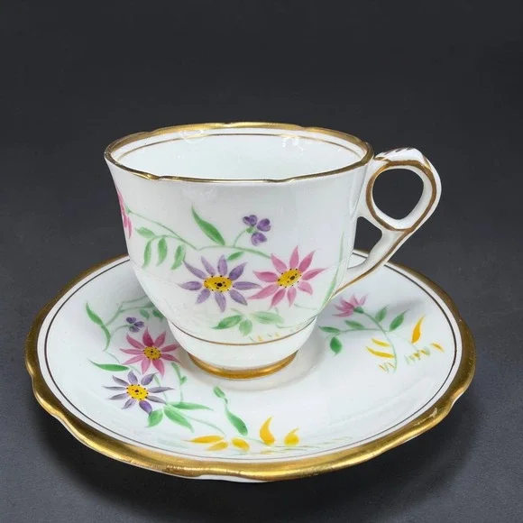 Royal Stafford‎ Bone China Teacup and Saucer Set Floral Gold Gilt England 8163H