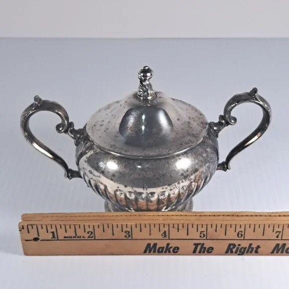 Vintage Silver Plated Lidded Sugar Bowl Ornate Scroll Handles Gadroon Pattern