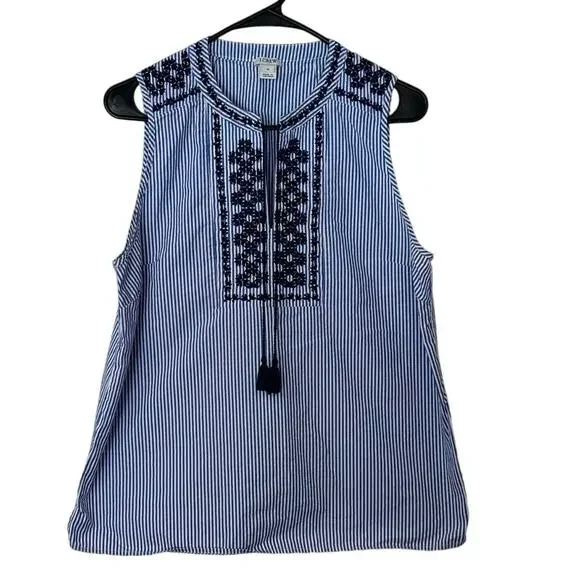 J. Crew Embroidered Striped Poplin Sleeveless Top Size‎ 12 Tassels Preppy Summer