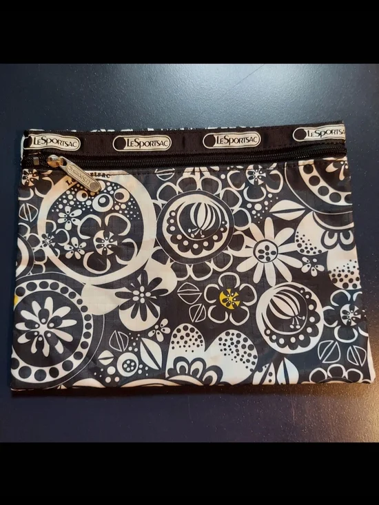 LeSportsac Floral Print Zip Pouch in Black & White with Yellow Accent 7.5 x 9.5