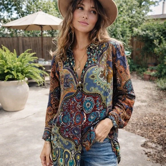 🌿 J.Crew Collection Silk Tunic Shirt – Paisley Boho Print – Size 0