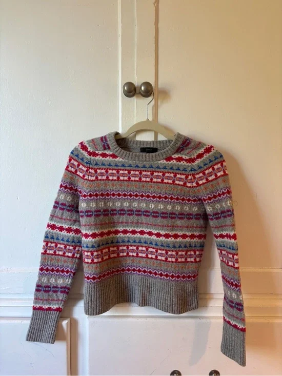 J. Crew Fair Isle Wool-Blend Crewneck Sweater in Gray and Red