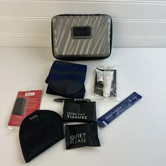 Tumi Delta Silver Gray Mini Hard Shell Case Toiletry Kit Amenity Kiehls Skincare