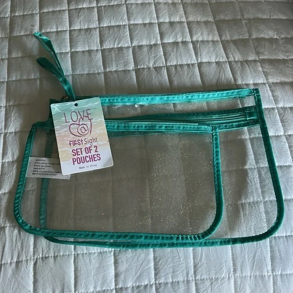 LOVE @ FIRST SIGHT Pouch Set 2 Piece Travel Set CLEAR Zipper Top PVC Plastic